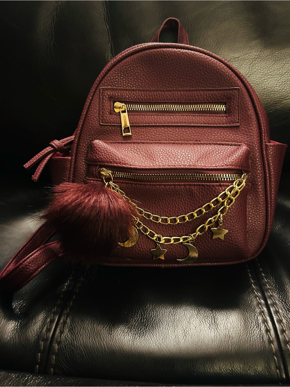 Burgundy Mini Backpack with Gold Charm Chain